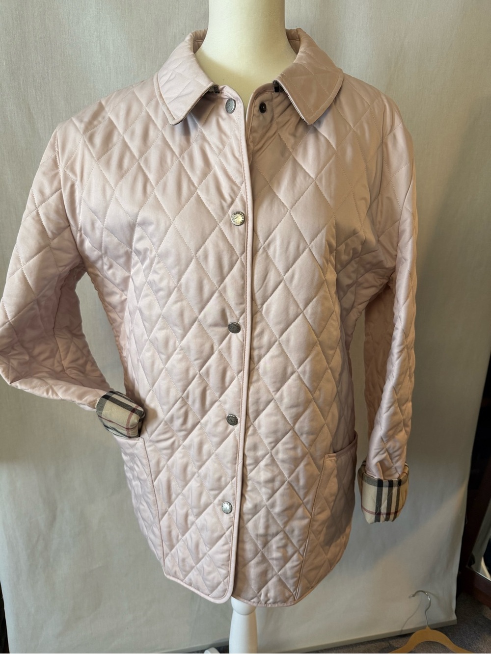 Burberry London Pink Quilted Jacket with Signature Nova Check Made in England